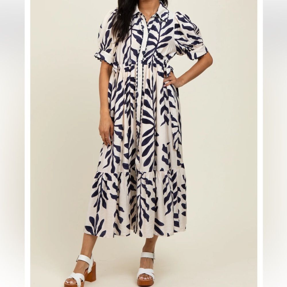 Entro Navy Blue Leaf Print Scallop Trim Midi Shirt Dress L